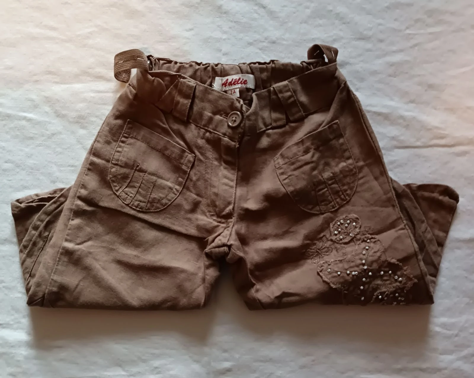 Pantalon corsaire marron Adélie brodé perles taille 2 ans